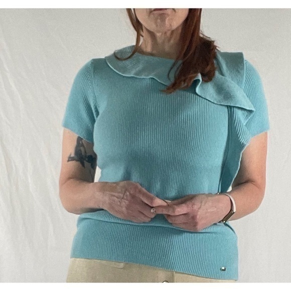 Escada Cerulean Blue Ruffle Front Silk Wool Blend Knit Top